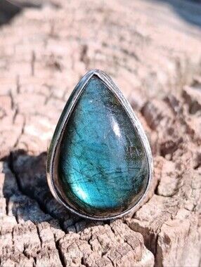 Natural Blue Flash Labradorite 925 Sterling Silver Statement Ring Sz 7.5